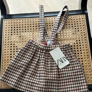 Zara Kids Checkered Suspender Skirt - Brown and White